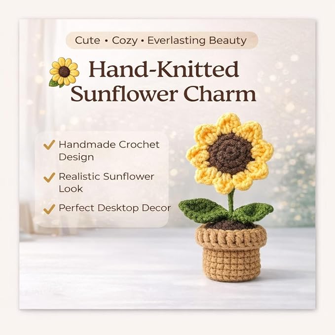 petzlifeworld Hand-Knitted Sunflower Potted Plant, Crochet Artificial Flower Decoration, Mini Yarn Knitted Sunflower Pot, Cute Desktop Decor, Handmade Simulation Flower Gift for Home Office Table Decor - Bild 7
