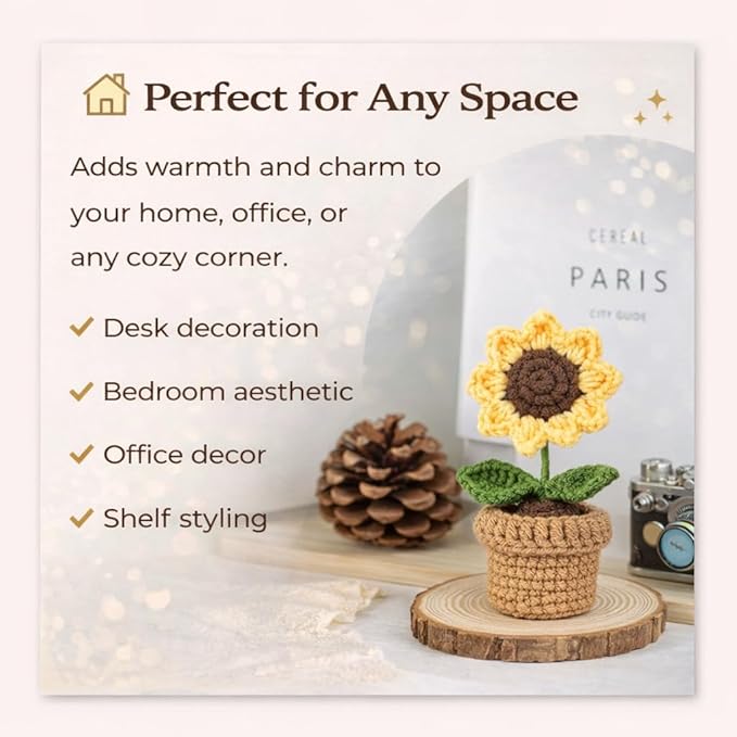 petzlifeworld Hand-Knitted Sunflower Potted Plant, Crochet Artificial Flower Decoration, Mini Yarn Knitted Sunflower Pot, Cute Desktop Decor, Handmade Simulation Flower Gift for Home Office Table Decor - Bild 8