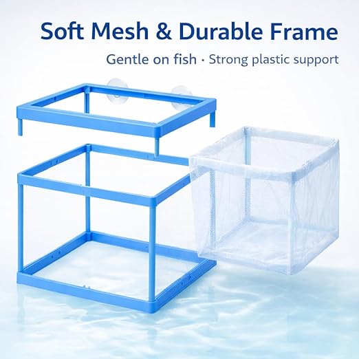 petzlifeworld FS-01 Fish Tank Breeder Net Box with Suction Cups | Blue Mesh Fry Saver for Aquarium | Isolation Box for Baby, Injured & Aggressive Fish - Bild 4