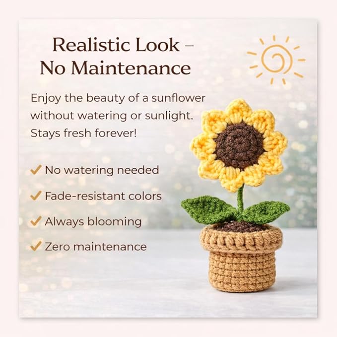 petzlifeworld Hand-Knitted Sunflower Potted Plant, Crochet Artificial Flower Decoration, Mini Yarn Knitted Sunflower Pot, Cute Desktop Decor, Handmade Simulation Flower Gift for Home Office Table Decor - Bild 5
