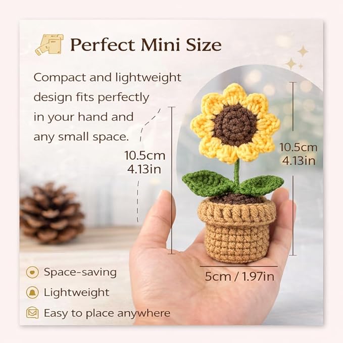 petzlifeworld Hand-Knitted Sunflower Potted Plant, Crochet Artificial Flower Decoration, Mini Yarn Knitted Sunflower Pot, Cute Desktop Decor, Handmade Simulation Flower Gift for Home Office Table Decor - Bild 6