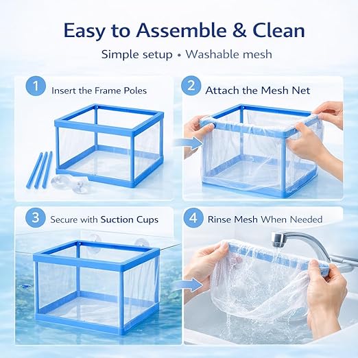 petzlifeworld FS-01 Fish Tank Breeder Net Box with Suction Cups | Blue Mesh Fry Saver for Aquarium | Isolation Box for Baby, Injured & Aggressive Fish - Bild 5
