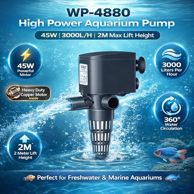 SOBO WP-4880 | 45W | 2M Lift Height Aquarium Submersible Pump 3000L/H High Flow Power Head | Multi-Function Water Circulation, Oxygenation & Filter Support for Freshwater & Marine Tanks - Bild 7