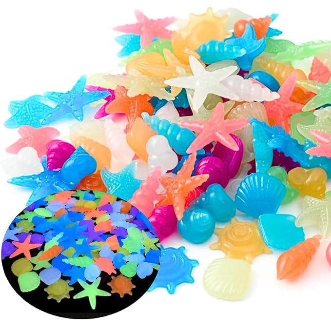 Petzlifeworld 74 Pcs Sea Creatures Shaped Luminous Stone for Fish Bowl, Garden, Ponds, Handmade Crafts - Can Glow in The Dark After Daily Exposure to Light