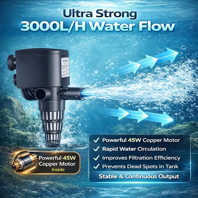 SOBO WP-4880 | 45W | 2M Lift Height Aquarium Submersible Pump 3000L/H High Flow Power Head | Multi-Function Water Circulation, Oxygenation & Filter Support for Freshwater & Marine Tanks - Bild 8