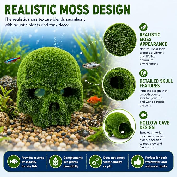petzlifeworld Moss Skull Aquarium Decoration – Resin Hollow Hideout Cave for Betta, Shrimp & Small Fish | Natural Moss Look Tank Ornament | Safe & Durable Aquascaping Decor - Bild 4