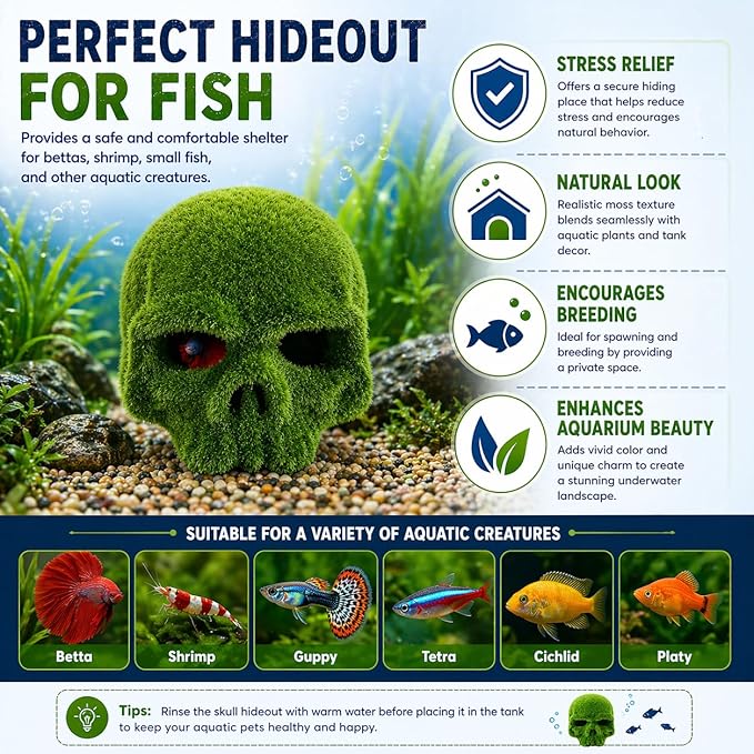 petzlifeworld Moss Skull Aquarium Decoration – Resin Hollow Hideout Cave for Betta, Shrimp & Small Fish | Natural Moss Look Tank Ornament | Safe & Durable Aquascaping Decor - Bild 5