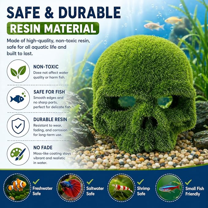 petzlifeworld Moss Skull Aquarium Decoration – Resin Hollow Hideout Cave for Betta, Shrimp & Small Fish | Natural Moss Look Tank Ornament | Safe & Durable Aquascaping Decor - Bild 6