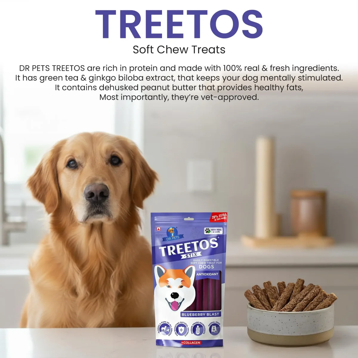 Dr.Pets Treetos Dog Food, Chicken Sticks for Dog Chew Stick for All Life Stages, Dog Treats for Adult Dog & Puppies, Gluten-Free, Soft & Chewy Texture, Blueberry Blast Flavor 85g Pack of 2 - Bild 5