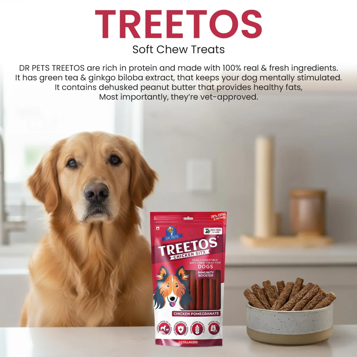 Dr.Pets Treetos Dog Food, Chicken Sticks for Dog Chew Stick for All Life Stages, Dog Treats for Adult Dog & Puppies, Gluten-Free, Soft & Chewy Texture, Chicken Pomegranate Flavor 70g Pack of 1 - Bild 4