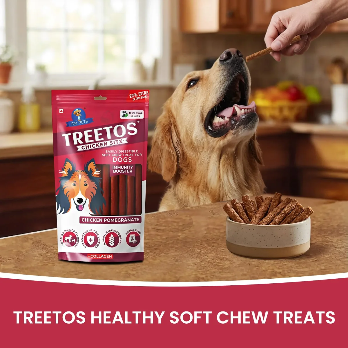 Dr.Pets Treetos Dog Food, Chicken Sticks for Dog Chew Stick for All Life Stages, Dog Treats for Adult Dog & Puppies, Gluten-Free, Soft & Chewy Texture, Chicken Pomegranate Flavor 70g Pack of 1 - Bild 6