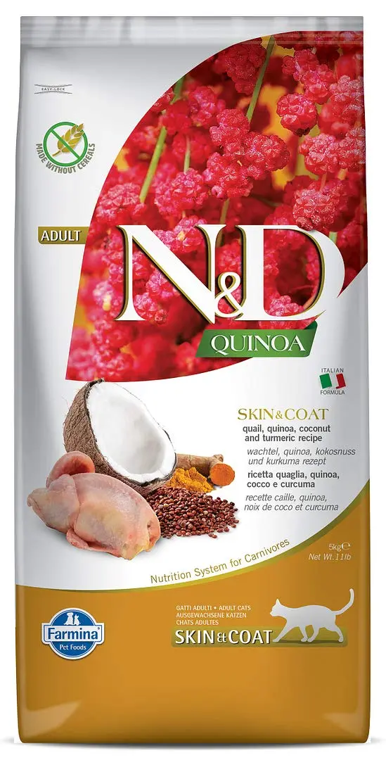 FARMINA N&D Quinoa Skin and Coat Dry Cat Food, Adult, Grain-Free, 5-kg, Quail Coconut and Turmeric - Bild 2