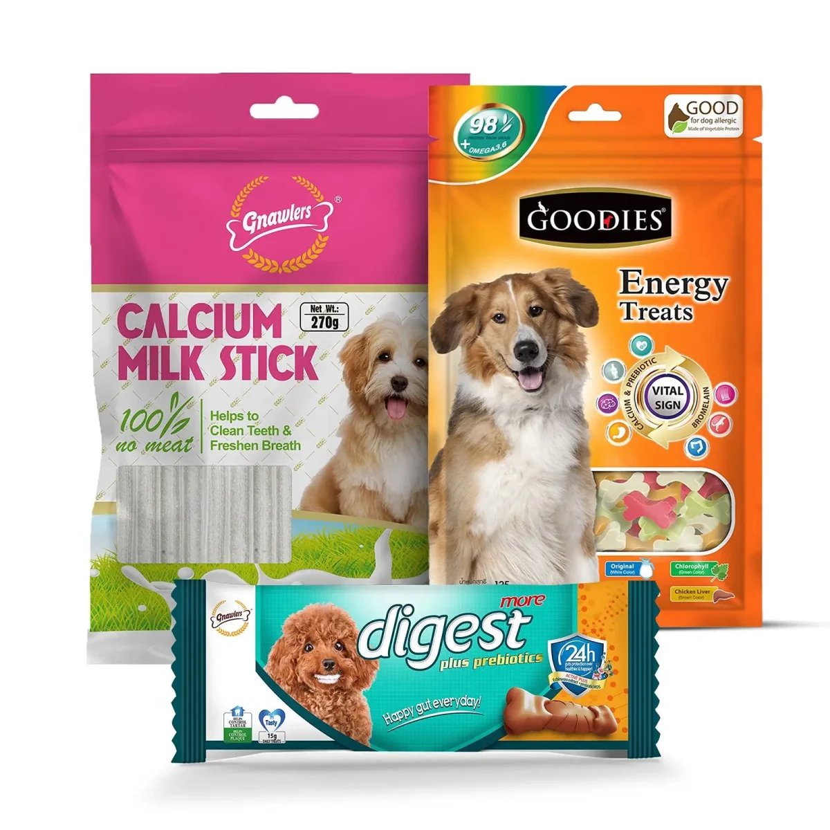 Gnawlers, Goodies Dog Energy Treats Combo 499 - Gnawlers Calcium Milk Stick 270g, Goodies Energy Treat Cut Bone 125g, Gnawlers Digest More 15g Sold by DogsNCats - Bild 2