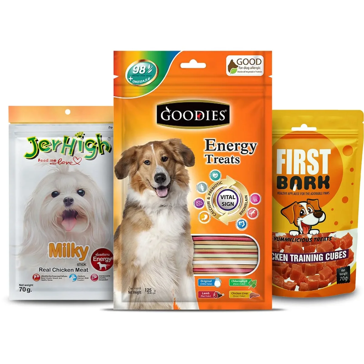 Goodies First Bark Jerky, Jerhigh Dog Treat, Dog Energy Treats Combo -Jerhigh Milky 70G, Energy Treat Mix Stick 125G, First Bark Chicken Training Cubes By Dogsncats, All Life Stages