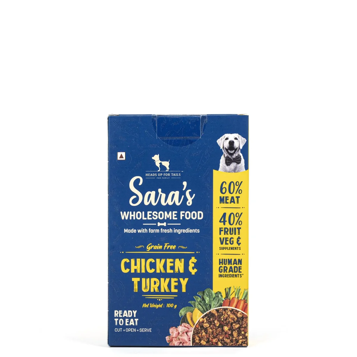 Heads Up For Tails Sara's Wholesome Food - Grain-Free Chicken and Turkey Dog Food | Human Grade Ingredients | Gluten Free | Balanced Meal | Suitable for Adults & Puppies - 100 gm