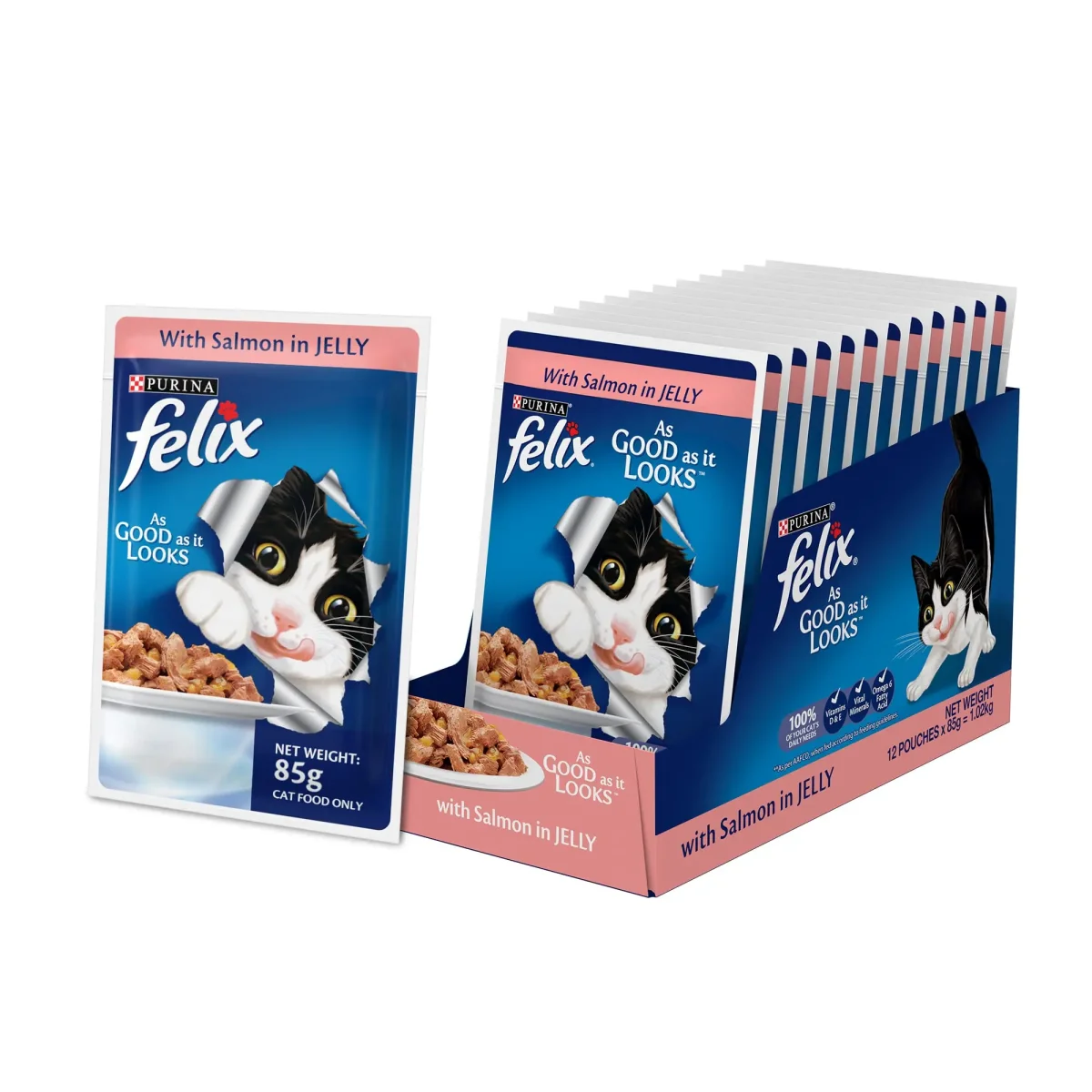 Purina Felix® As Good As It Looks Wet Food for Adult Cats|Complete and Balanced Cat Food |Salmon Flavour|Pack of 12 Pouches (12 x 85 g)