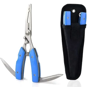 PetzLifeWorld Long Nose Fishing Pliers with Knife & Protective Cover – Rust-Resistant Multi-Tool for Hook Removal, Line Cutting, Split Ring – Stainless Steel Pliers for Saltwater/Freshwater Use